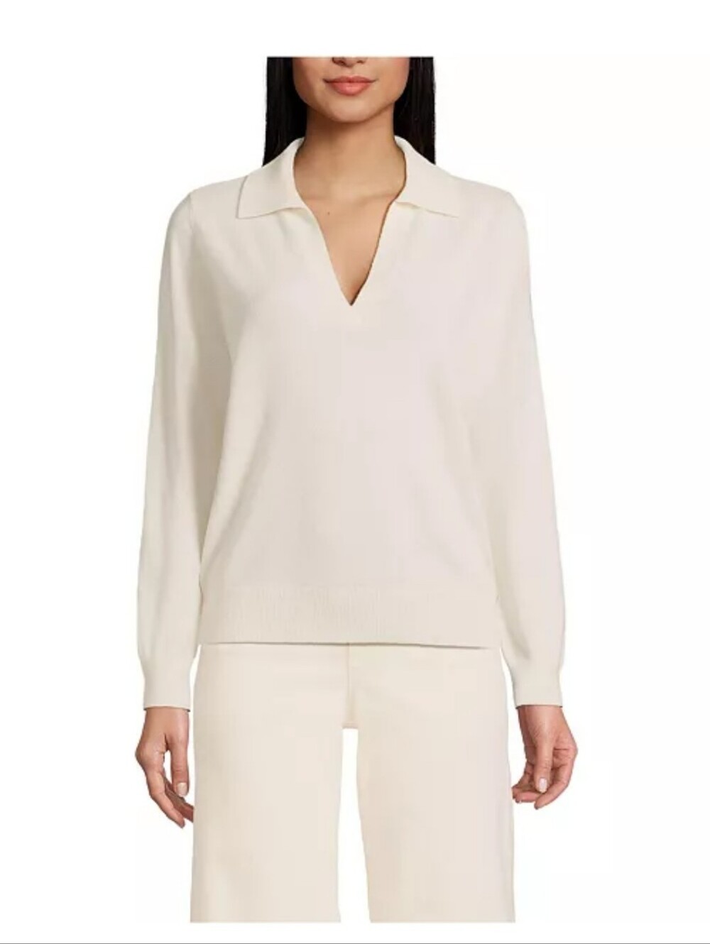 Lands' End Women's Cashmere Johnny Collar Sweater - Ivory L ( EUC)